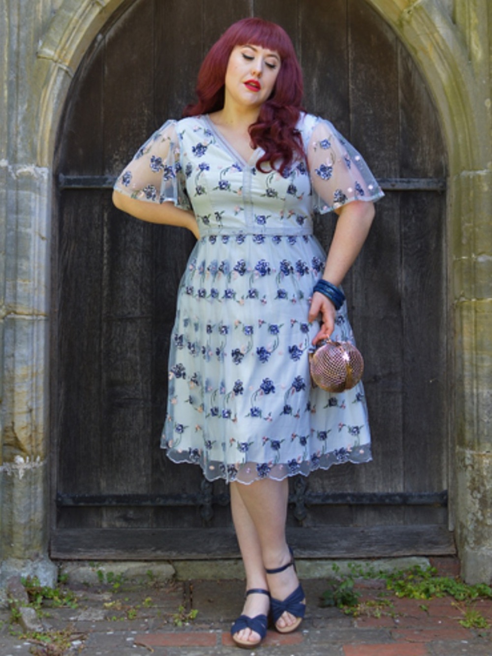 Chi Chi London vneck floral embroidered lace midi dress blue size 20